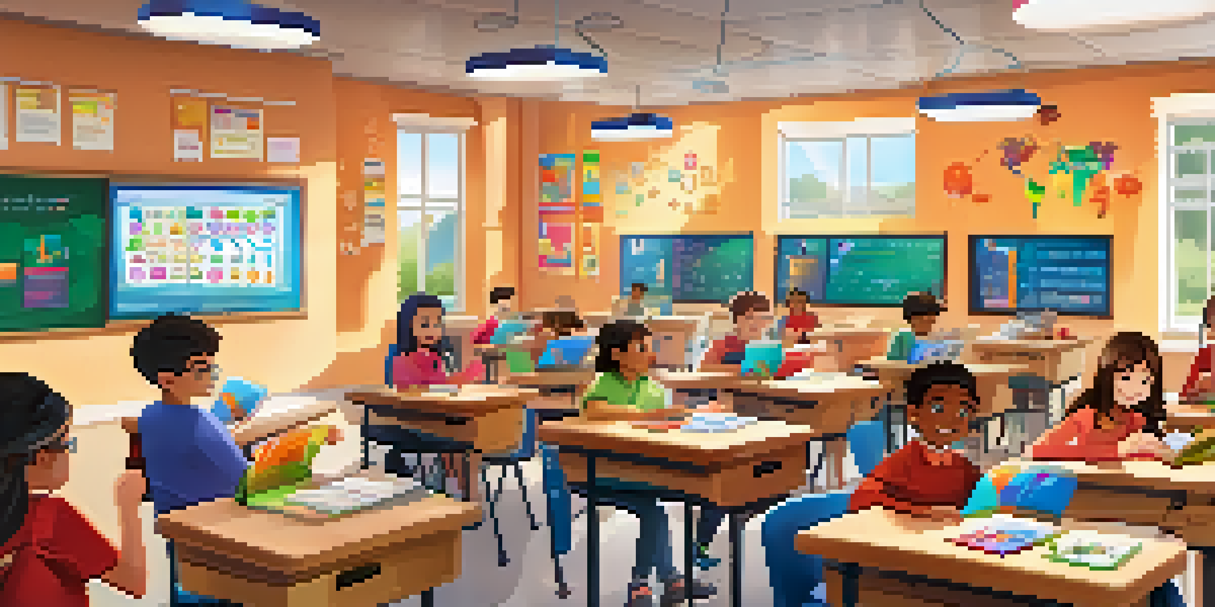 A lively classroom filled with students engaged in a fun learning environment, using tablets for interactive quizzes, with colorful decorations and soft sunlight.