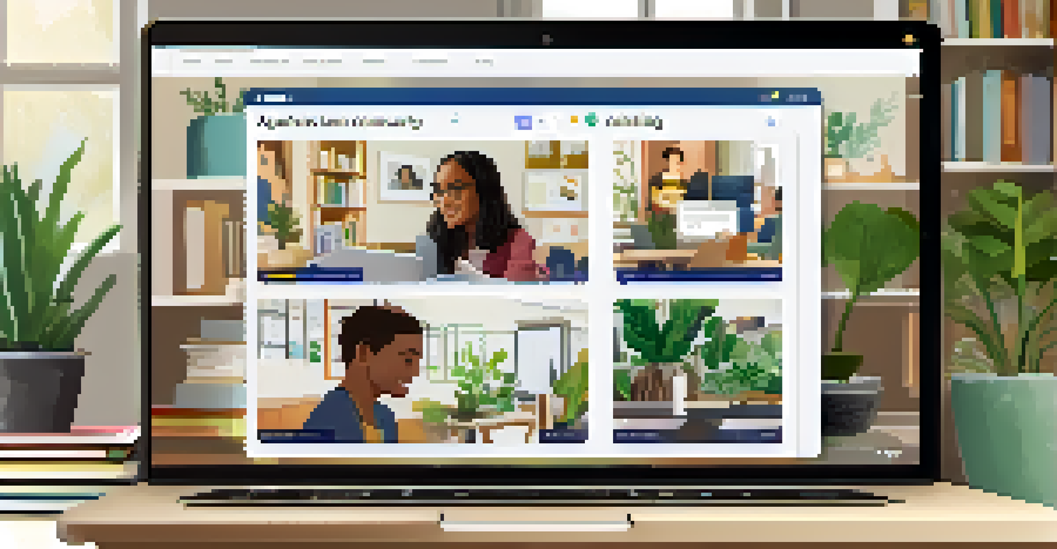 A laptop displaying a virtual learning community platform with active discussions and student profiles.