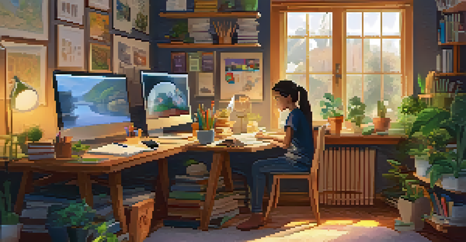 A student at home using a laptop for inquiry-based learning, surrounded by books and creative supplies.