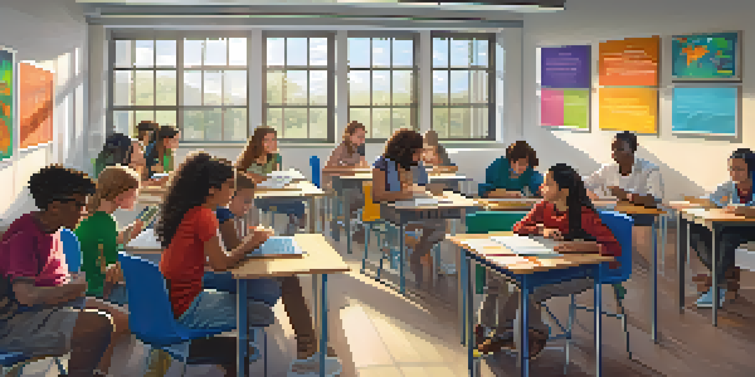 A bright classroom with diverse students working together, using laptops and discussing educational materials, illuminated by natural light.