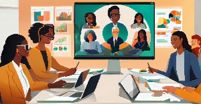 A diverse group of professionals in a virtual meeting, sharing ideas with enthusiasm and focus in a modern setting.