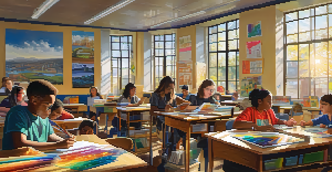 A diverse group of students working together on a colorful interdisciplinary project in a bright classroom.