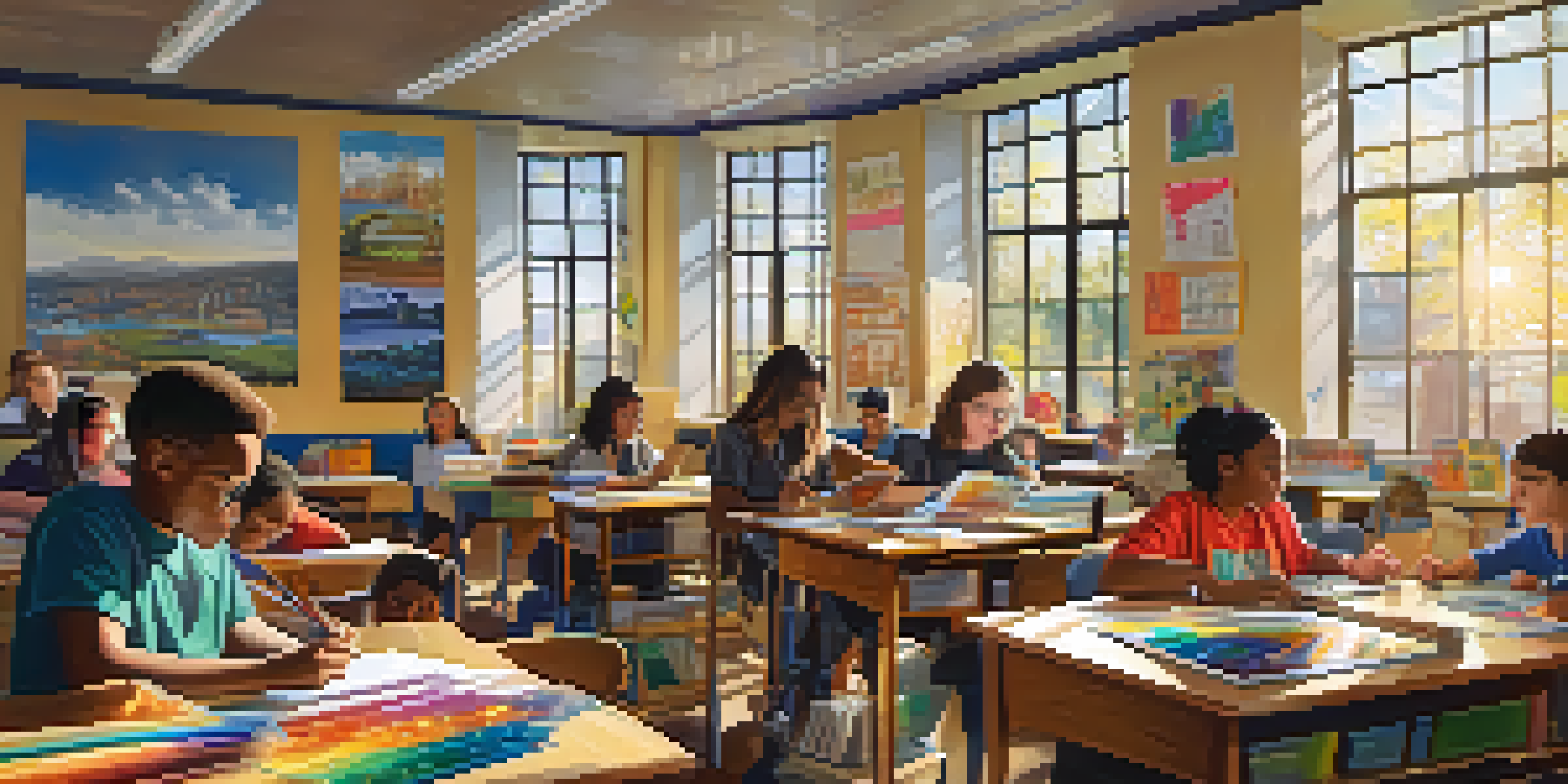 A diverse group of students working together on a colorful interdisciplinary project in a bright classroom.