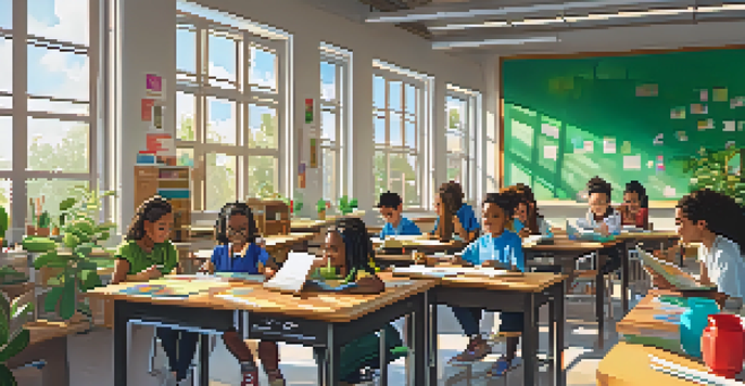 A diverse group of students in a bright classroom, collaborating on a project with books and laptops.