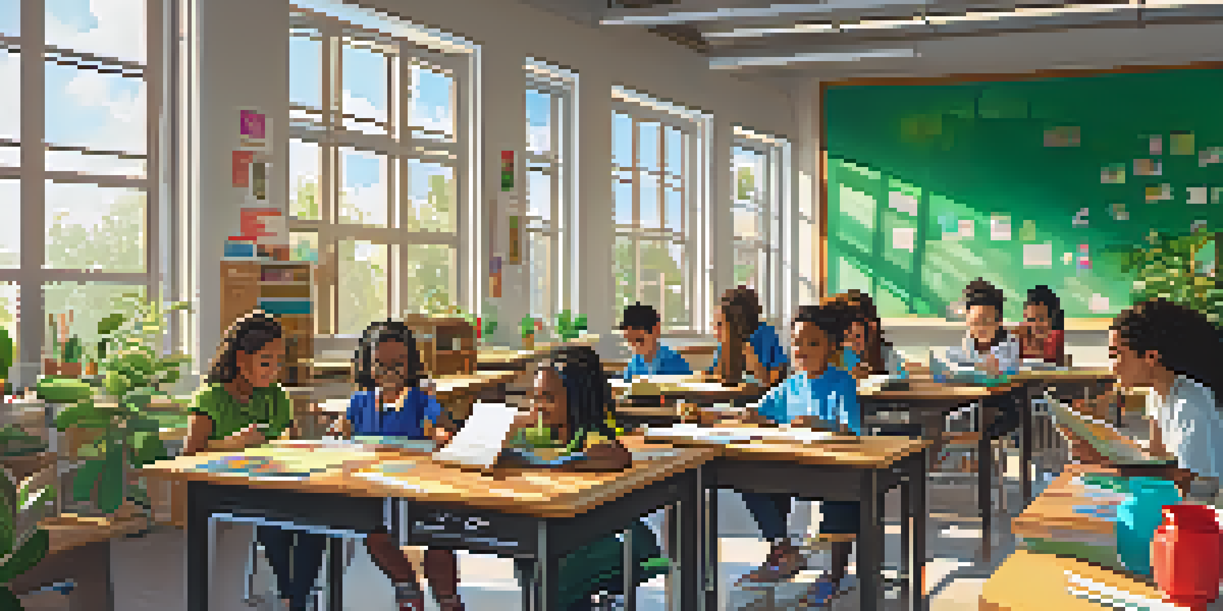 A diverse group of students in a bright classroom, collaborating on a project with books and laptops.