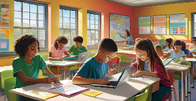 A lively classroom filled with diverse students collaborating on projects using tablets and laptops, with colorful educational decorations and bright natural light.