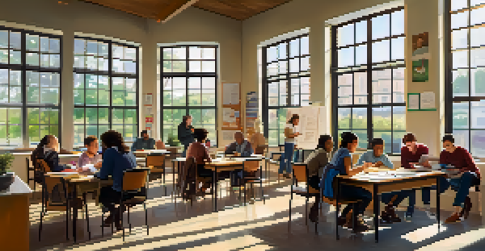 A diverse group of adult learners in a bright classroom, engaged in a collaborative study session, with natural light and various learning materials.