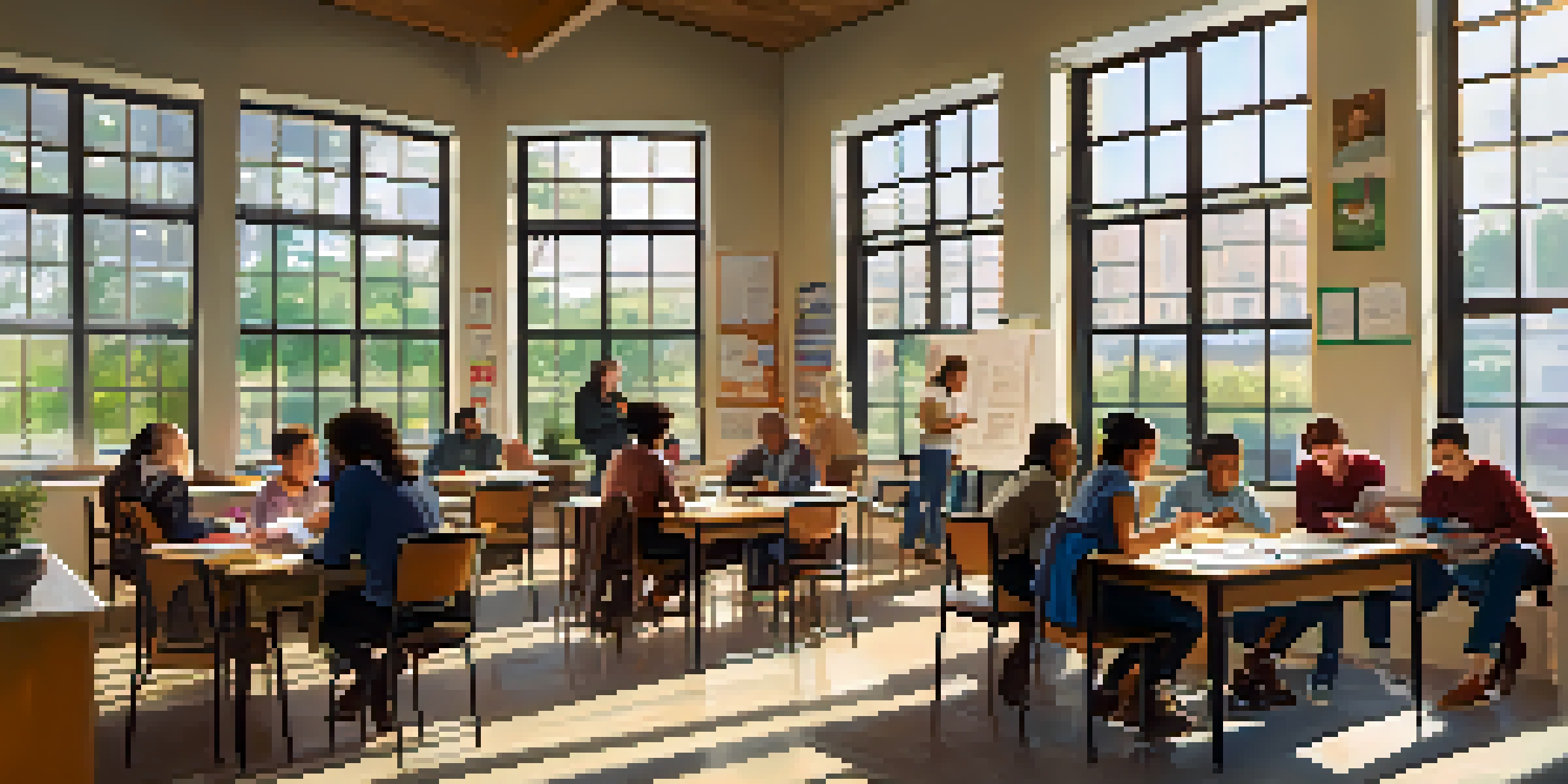 A diverse group of adult learners in a bright classroom, engaged in a collaborative study session, with natural light and various learning materials.