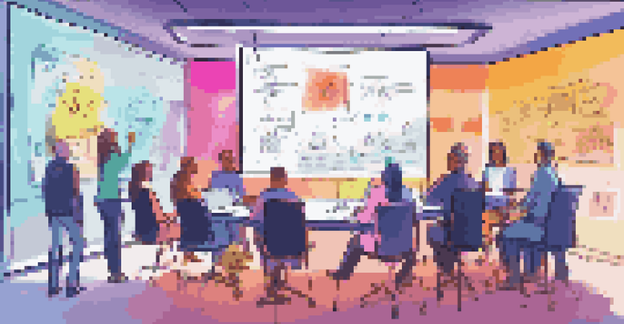 An illustration of a digital whiteboard used for a virtual meeting, filled with colorful sticky notes and diagrams, representing collaboration among team members.