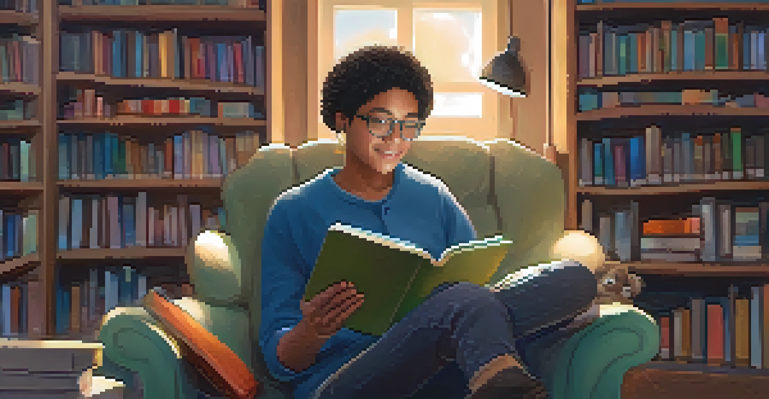 A teacher and a neurodiverse student in a cozy reading nook, sharing an audiobook on a tablet, surrounded by books and cushions.