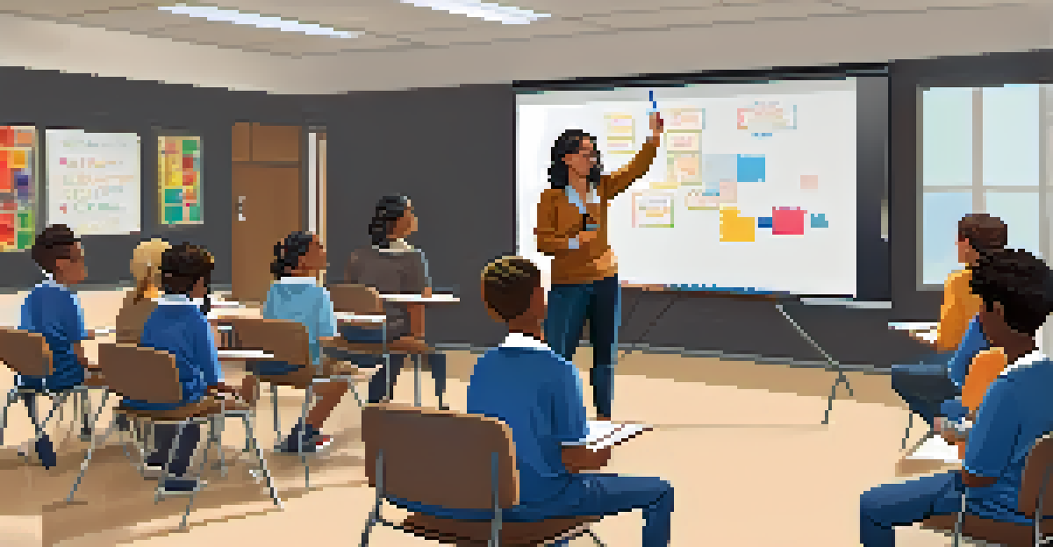A teacher guiding a group activity in a classroom, with students seated in clusters, discussing ideas and engaging with each other.
