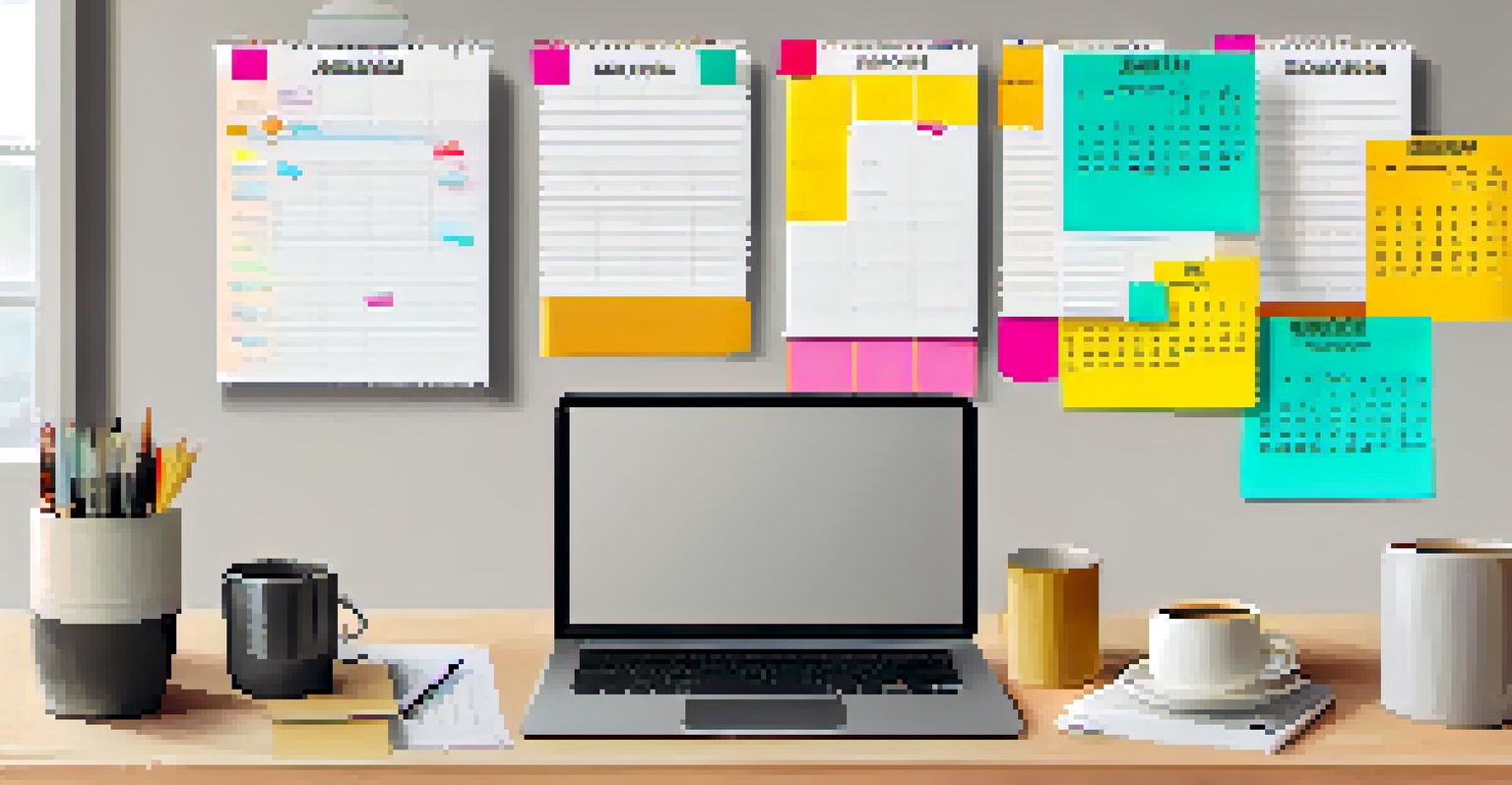An organized workspace with a calendar, planner, sticky notes, and a cup of coffee, illuminated by warm lighting.