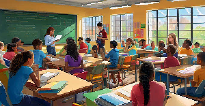 A diverse group of students in a colorful classroom, some using digital devices and others engaged in discussions, with natural light streaming in.