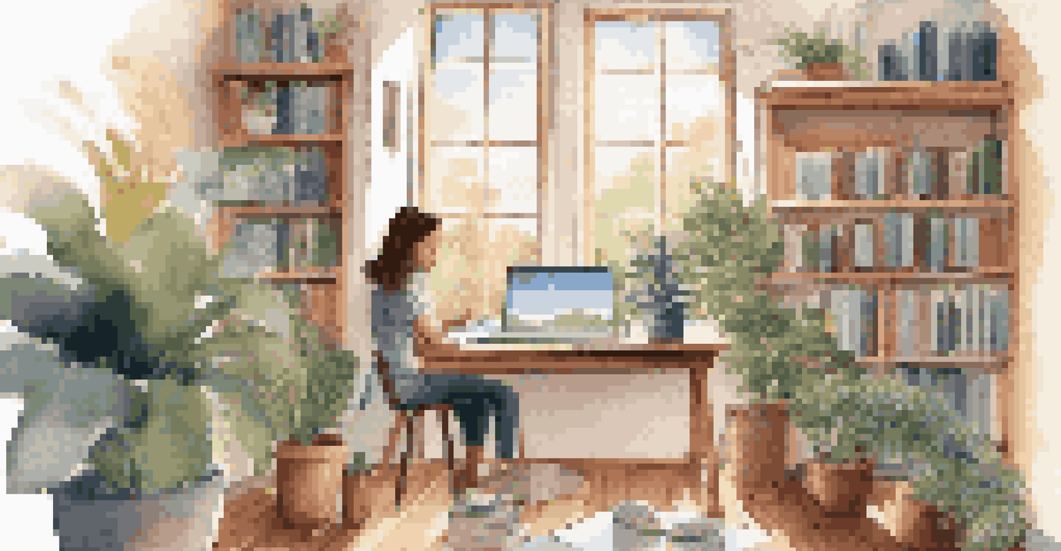 A student studying in a cozy home environment, with a laptop and books, surrounded by plants and a view of a sunny day.