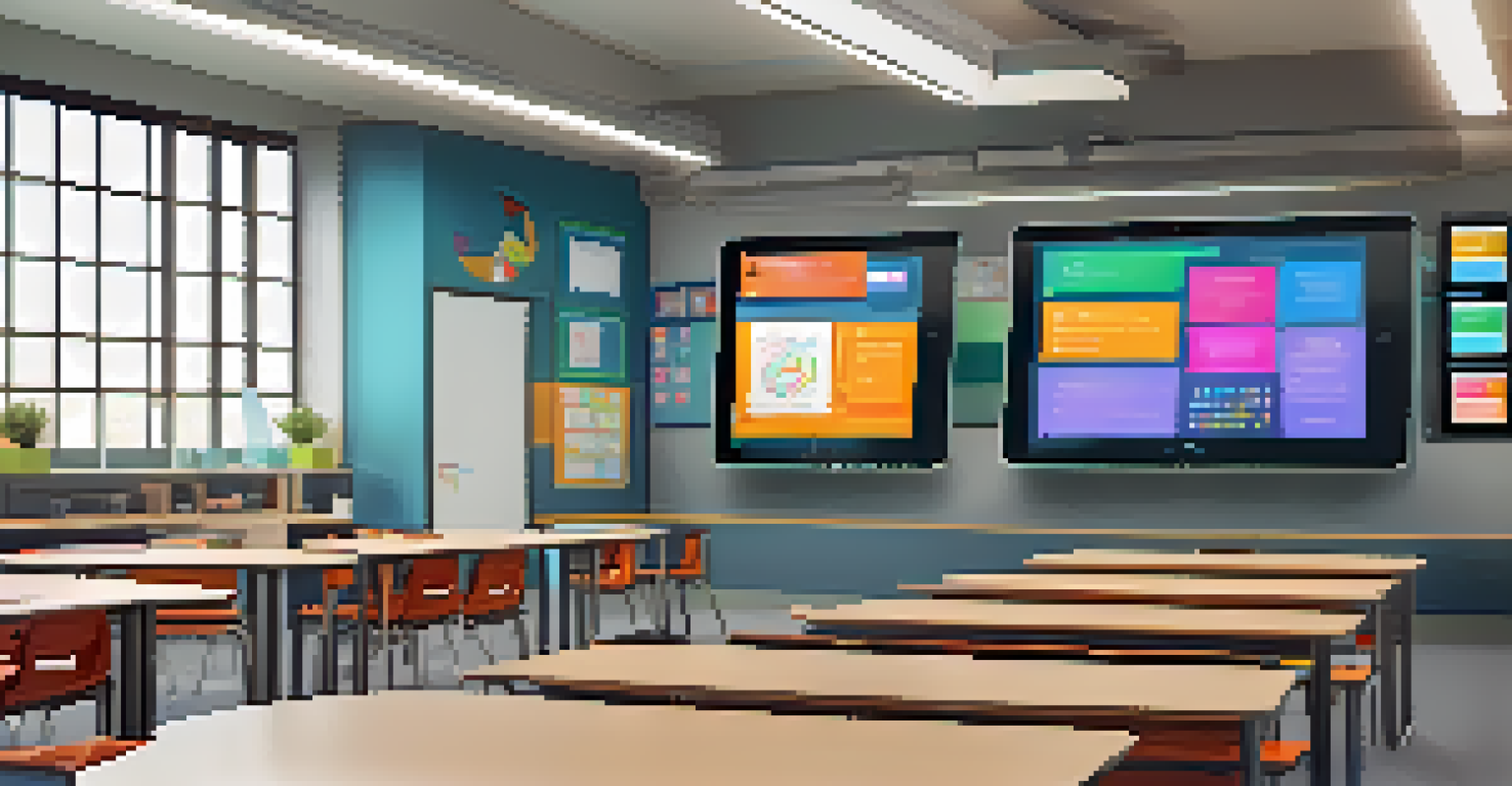A modern classroom with students using technology for personalized learning, featuring tablets and an AI assistant on a screen.