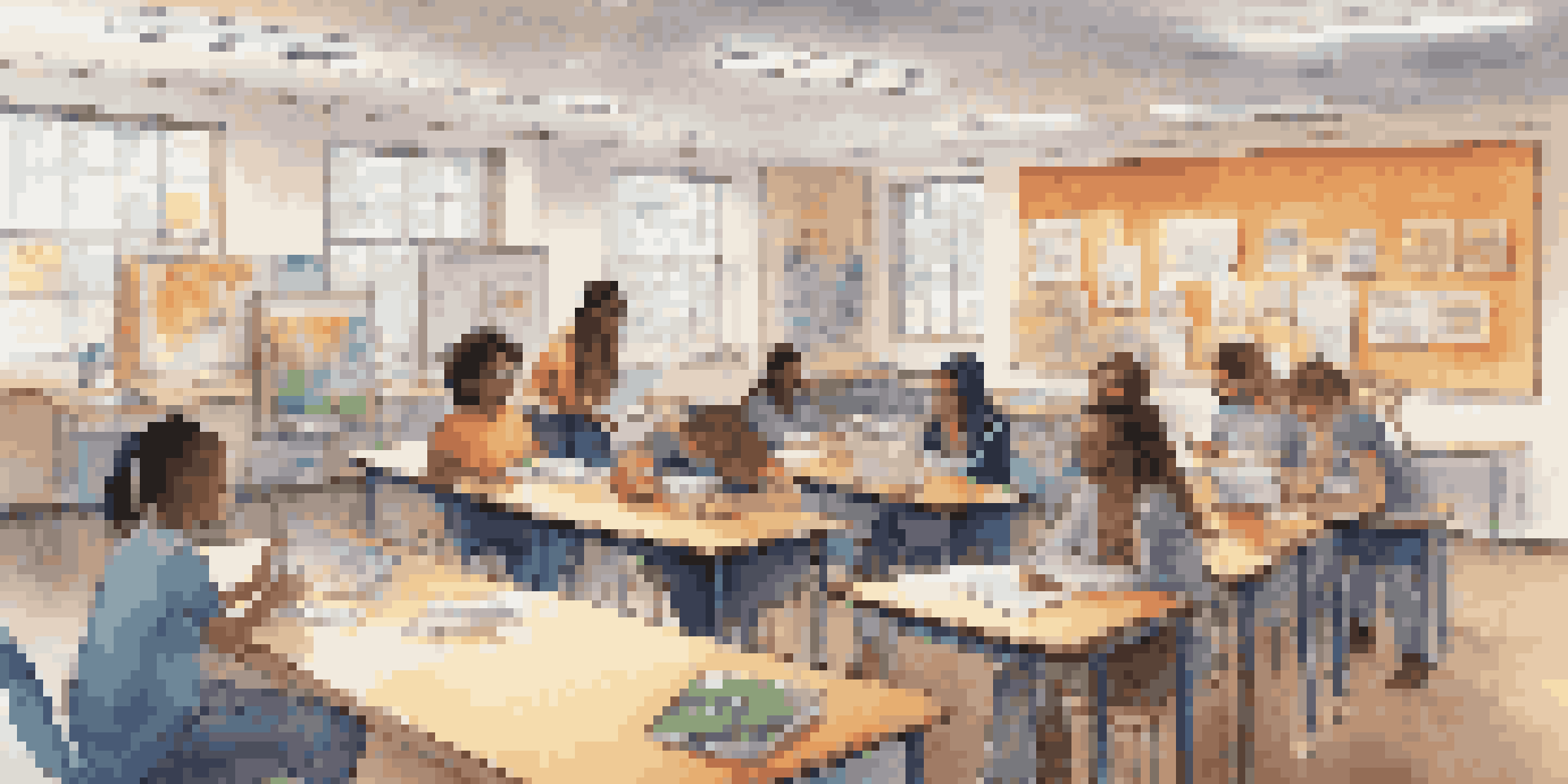 A diverse classroom with students from various backgrounds engaged in group work, with a teacher facilitating and colorful educational materials around.