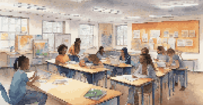 A diverse classroom with students from various backgrounds engaged in group work, with a teacher facilitating and colorful educational materials around.