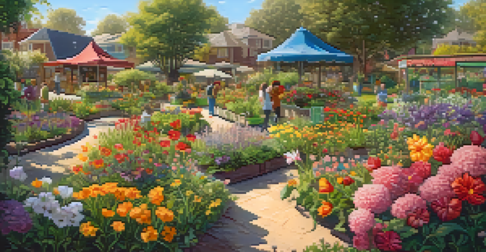A colorful community garden showcasing diverse flowers and butterflies, with sunlight creating soft shadows.