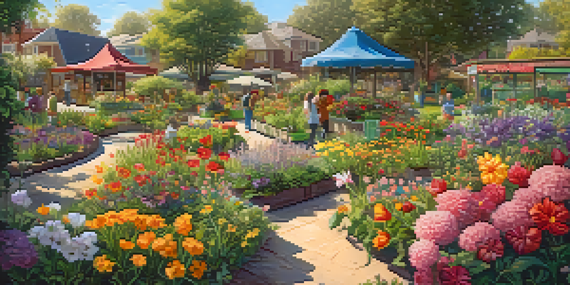 A colorful community garden showcasing diverse flowers and butterflies, with sunlight creating soft shadows.