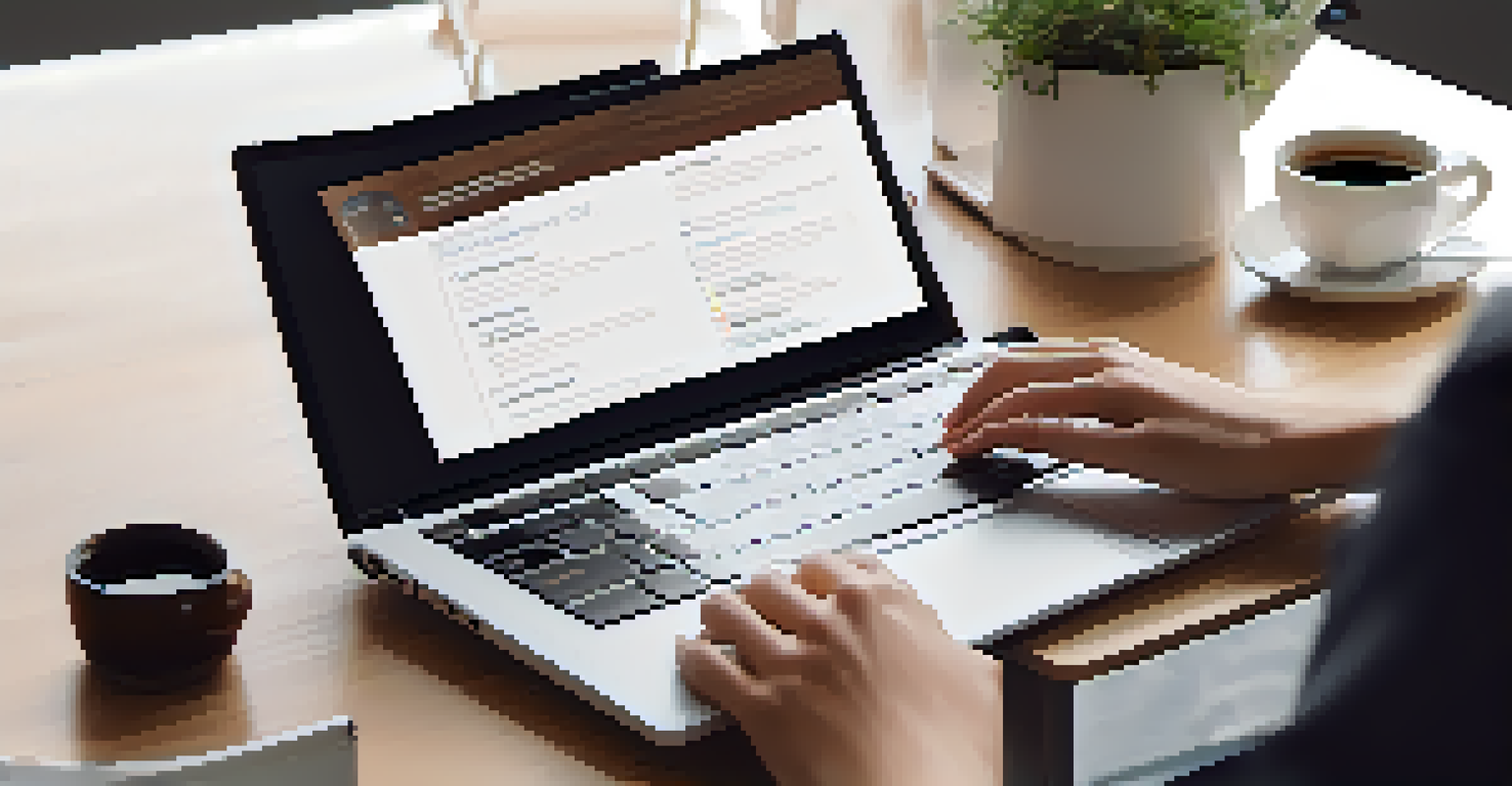 A close-up of a hand typing on a keyboard with a digital portfolio on a monitor in the background, featuring a minimalistic desk with a coffee cup and plant.