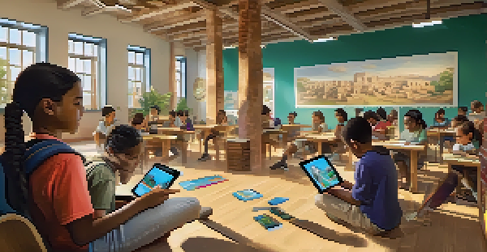 A diverse group of students in a brightly lit classroom, engaging with mobile devices for personalized learning, with one student using augmented reality to view 3D models.