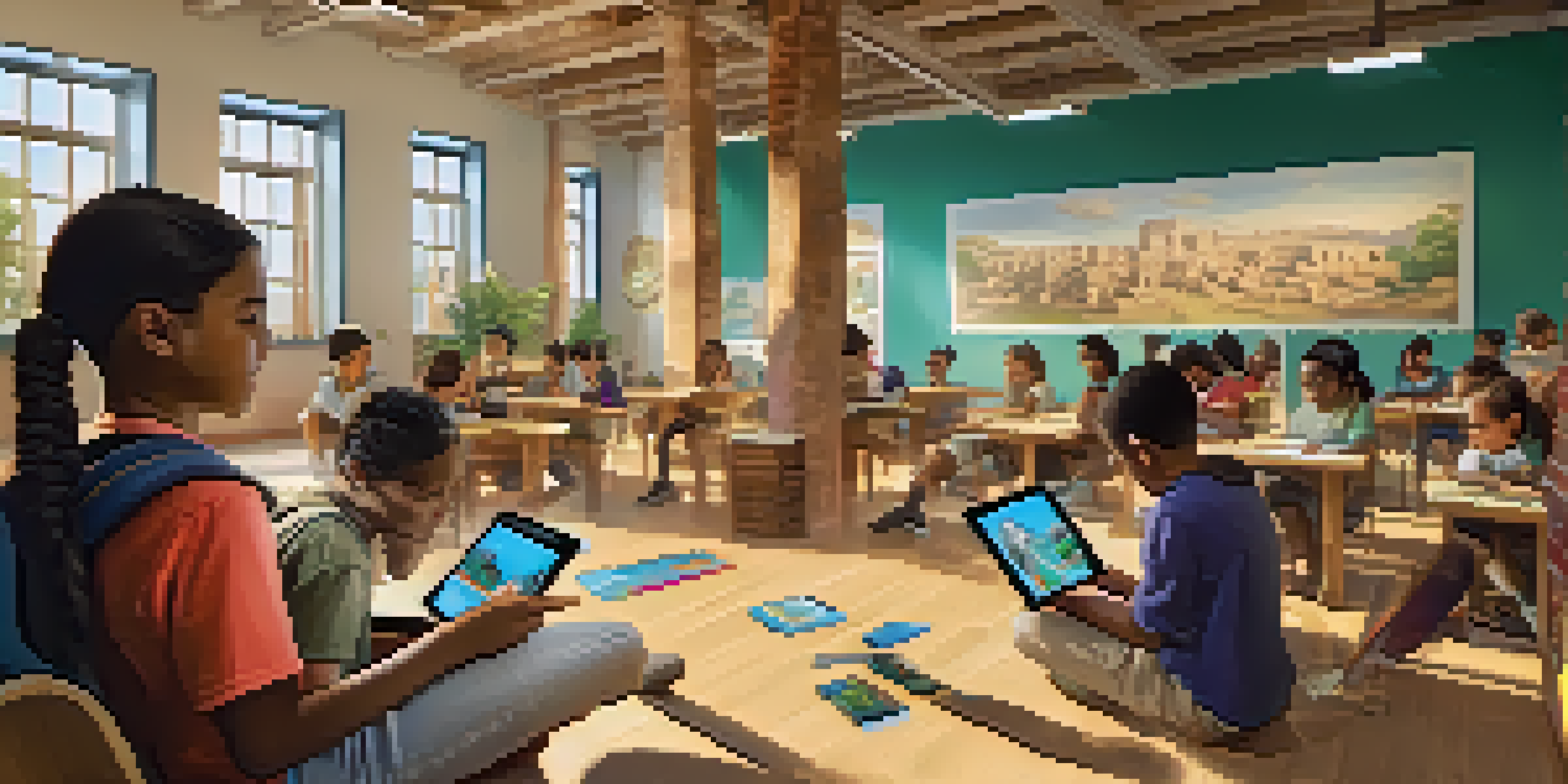 A diverse group of students in a brightly lit classroom, engaging with mobile devices for personalized learning, with one student using augmented reality to view 3D models.