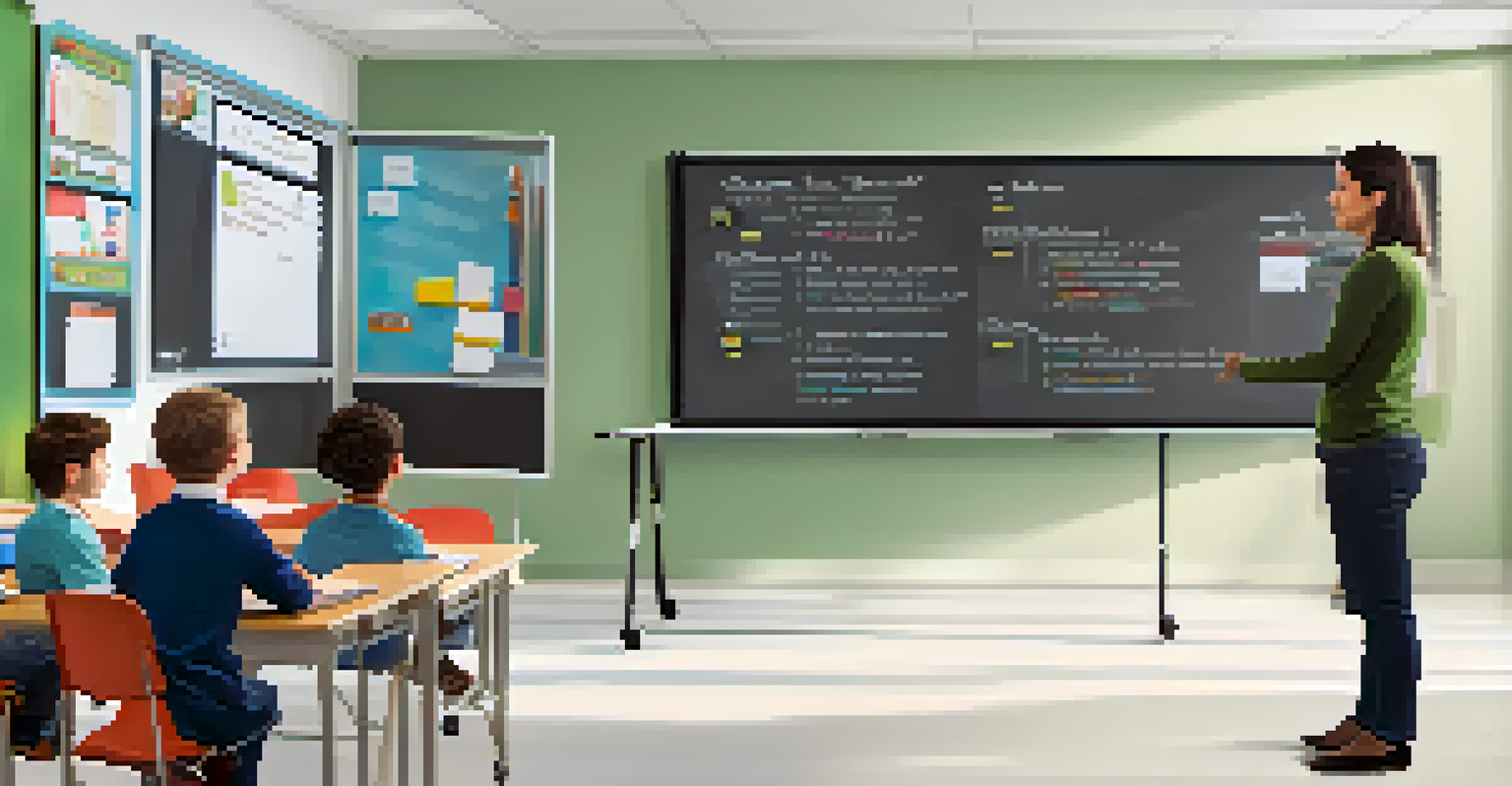 An educator using a digital whiteboard to teach students in a tech-equipped classroom.