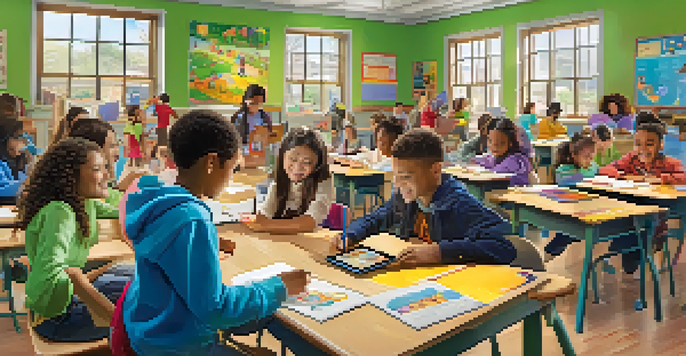 A lively classroom with students using tablets for Augmented Reality storytelling, showcasing engagement and creativity.