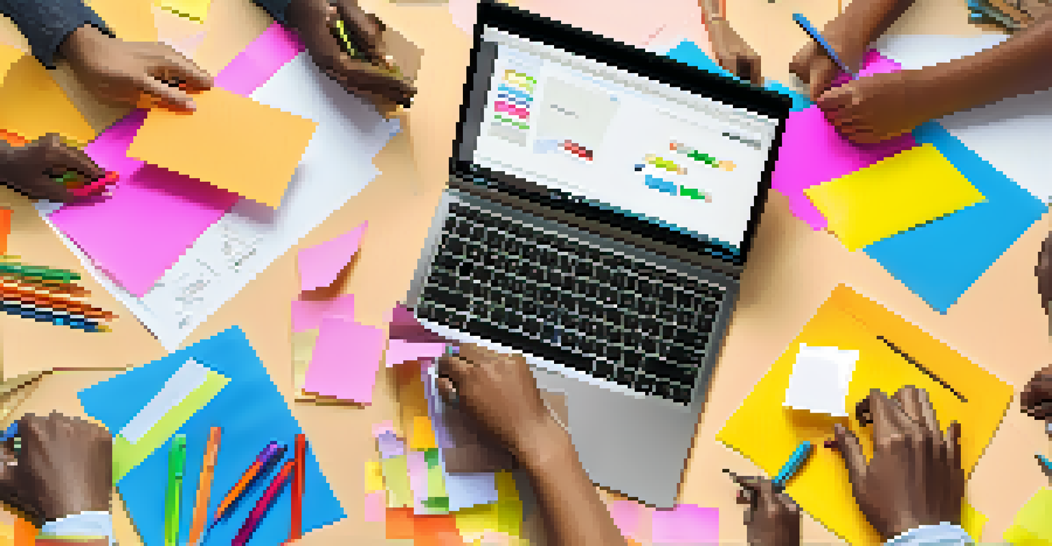 Close-up of diverse hands collaborating on a project, with colorful materials illustrating teamwork and communication.