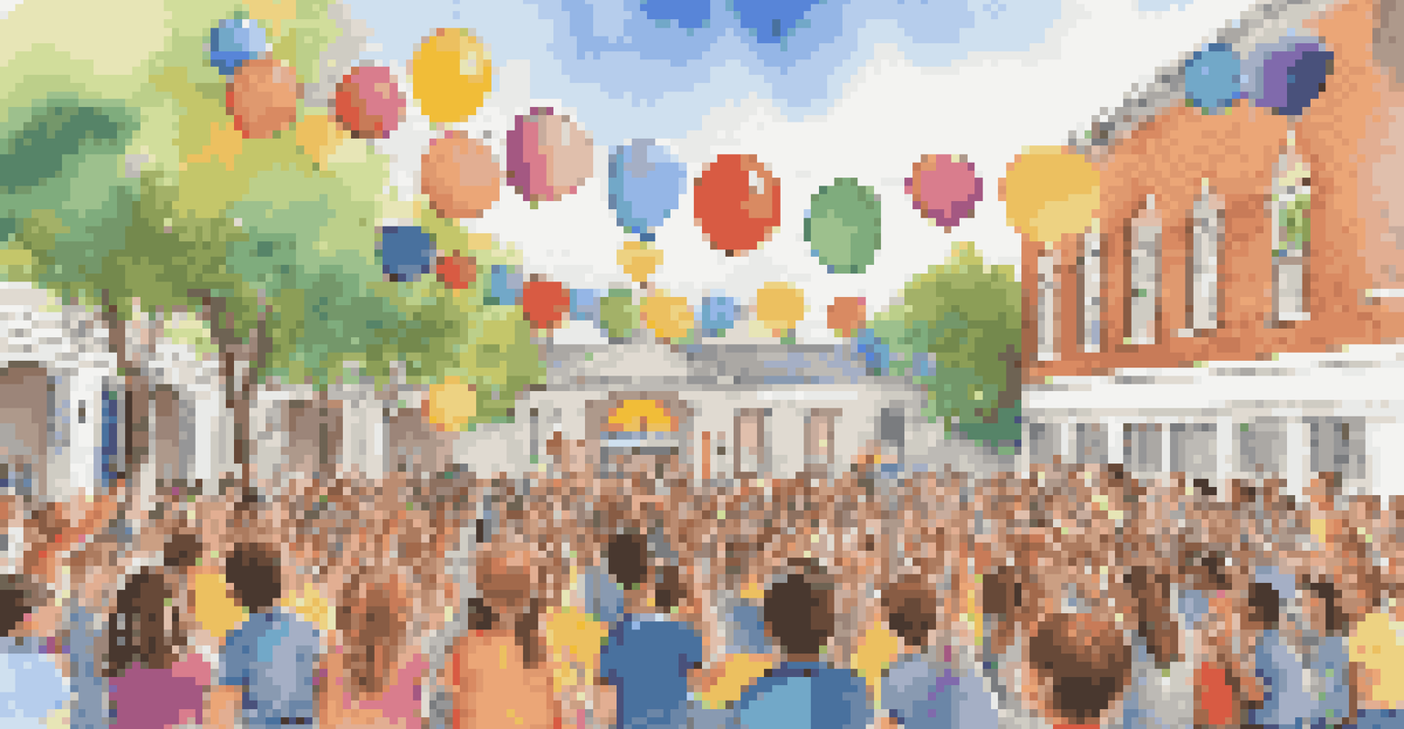 A school event celebrating emotional growth, featuring teachers and students applauding an educator sharing their journey, with colorful banners and decorations.