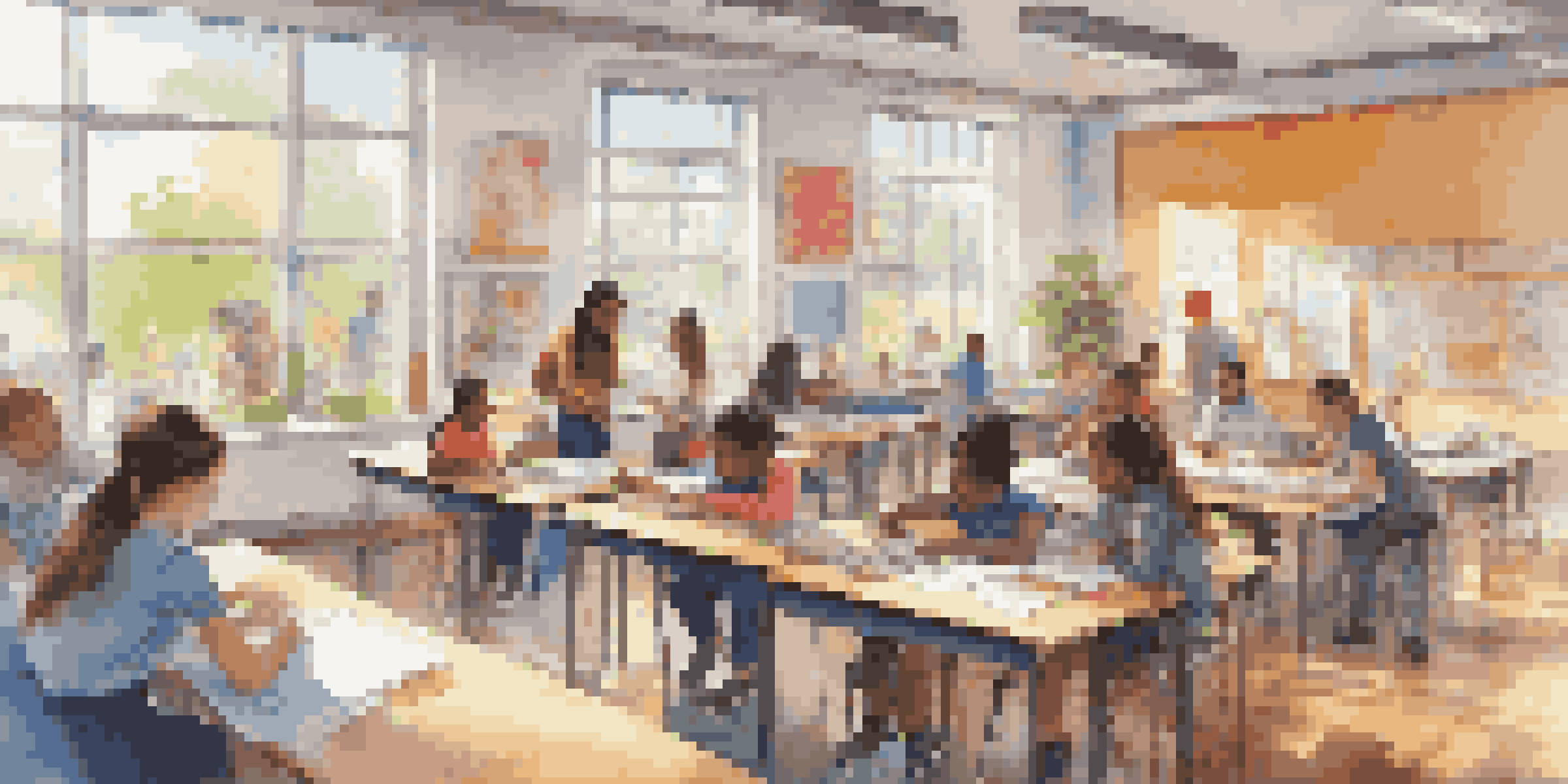 A bright classroom with students of various backgrounds collaborating on a project, surrounded by educational materials and technology.