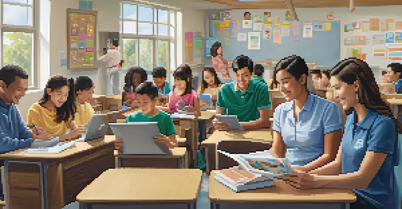Parents and teachers smiling while using smartphones for communication in a school environment.