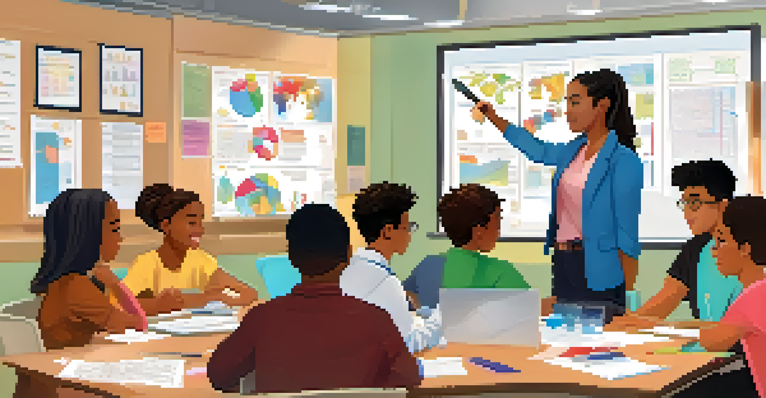 Diverse students engaged in a group discussion in a colorful classroom with educational posters.
