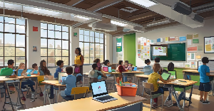 A bright classroom with diverse students using laptops and tablets, engaged in a collaborative learning activity.