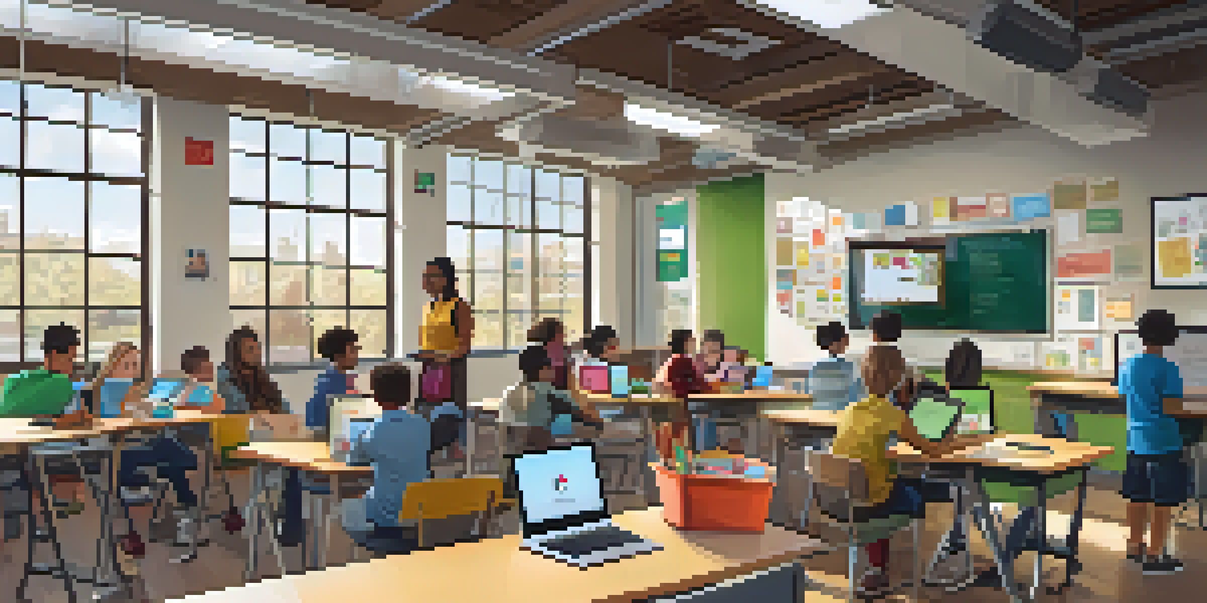 A bright classroom with diverse students using laptops and tablets, engaged in a collaborative learning activity.