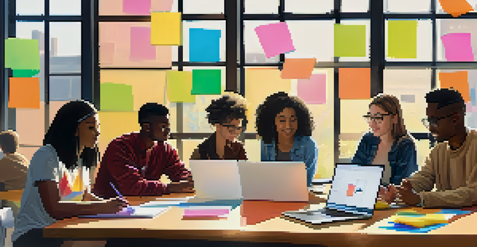 A group of diverse students collaborating in a bright classroom, surrounded by colorful notes and laptops, symbolizing teamwork and creativity.