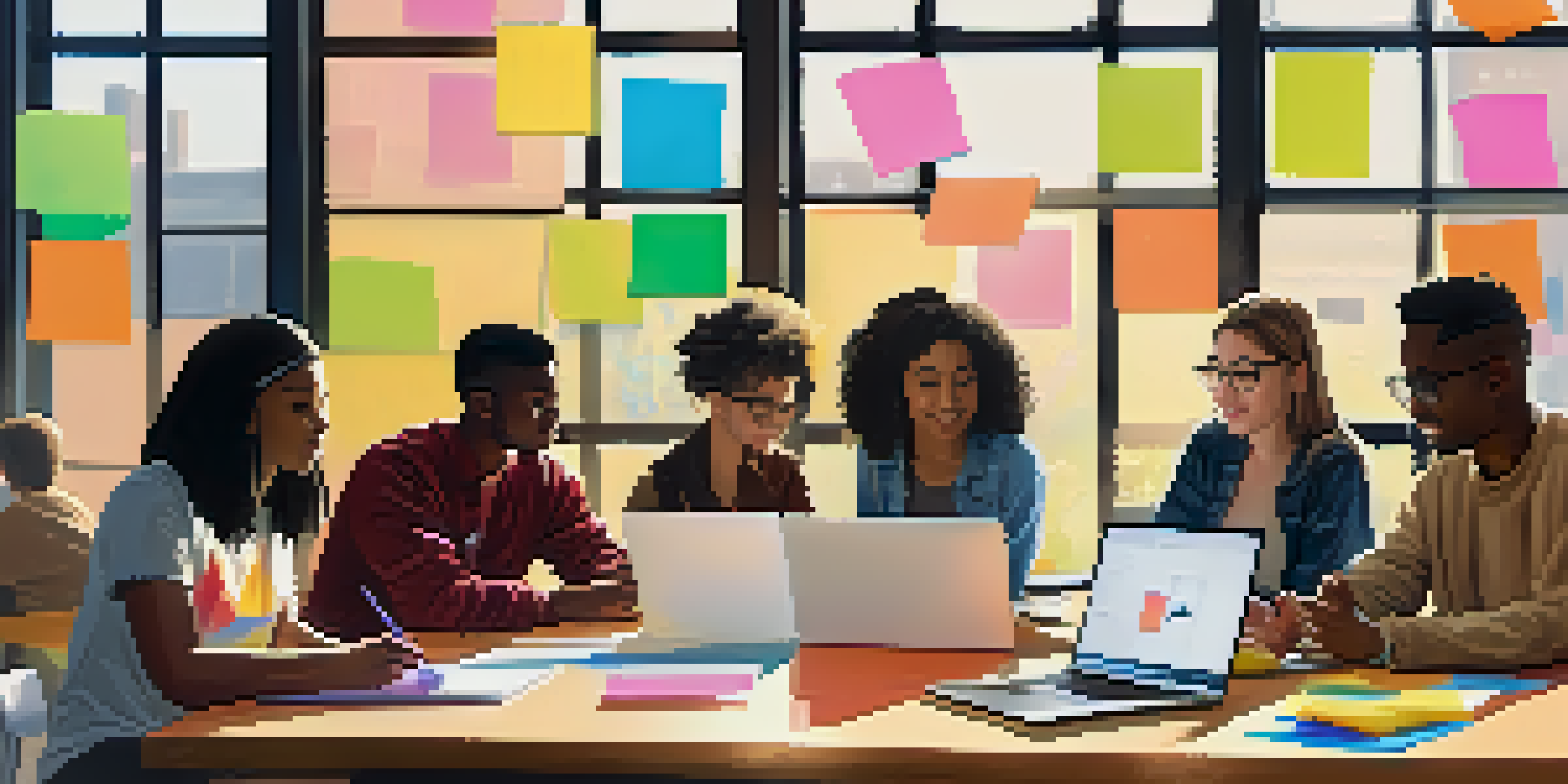A group of diverse students collaborating in a bright classroom, surrounded by colorful notes and laptops, symbolizing teamwork and creativity.