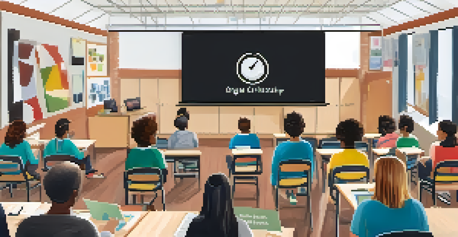 A teacher conducting a workshop on digital citizenship with a presentation on a screen, surrounded by attentive educators.
