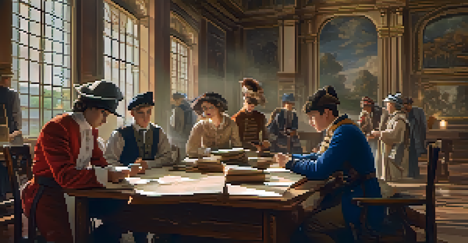 Students dressed as historical figures engaging in a mystery game, surrounded by period decorations and artifacts, with dramatic lighting enhancing their expressions.