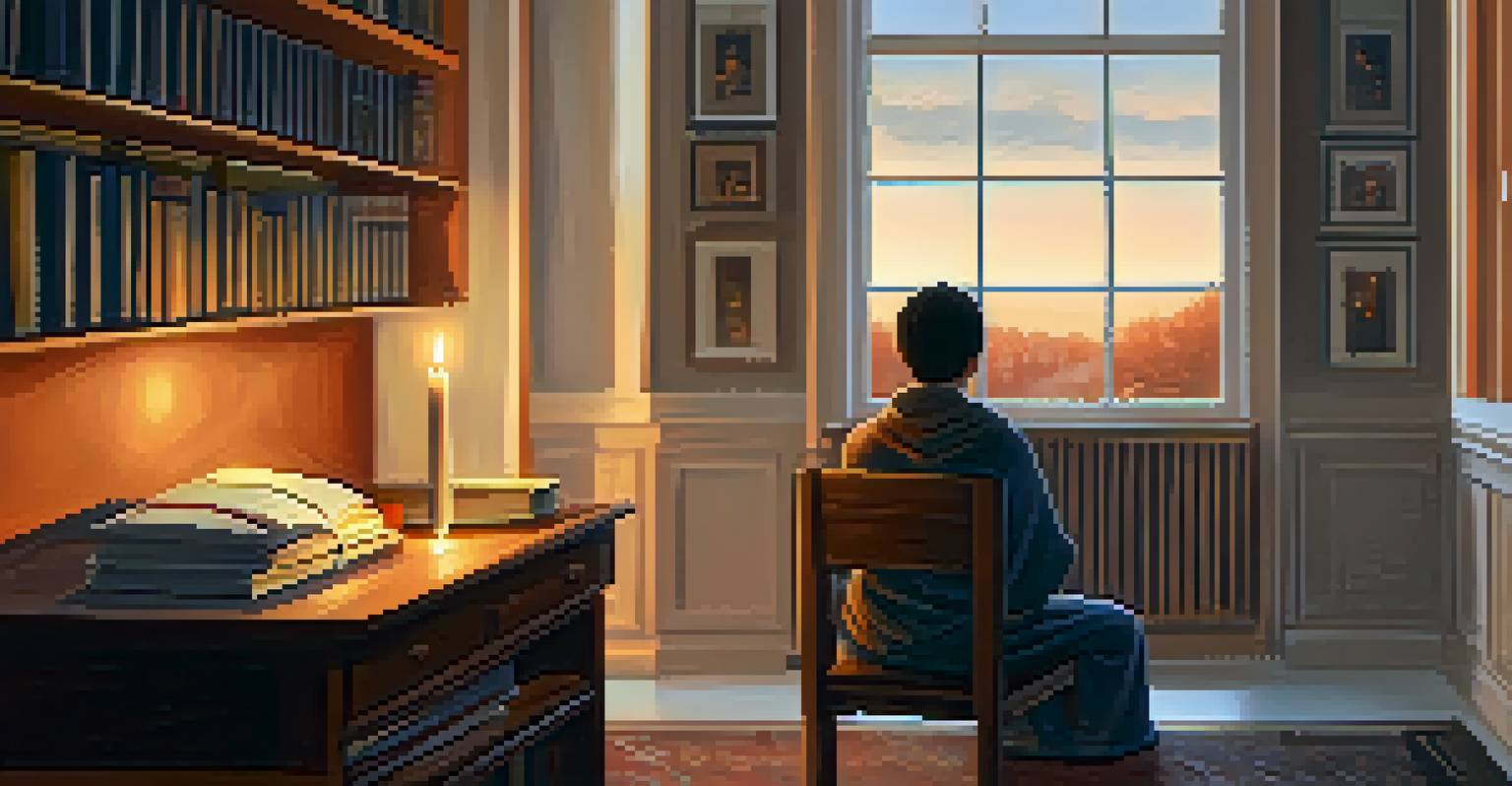 A close-up of a student sitting in a chair with closed eyes, practicing breath awareness meditation in a cozy indoor space, with a flickering candle nearby.