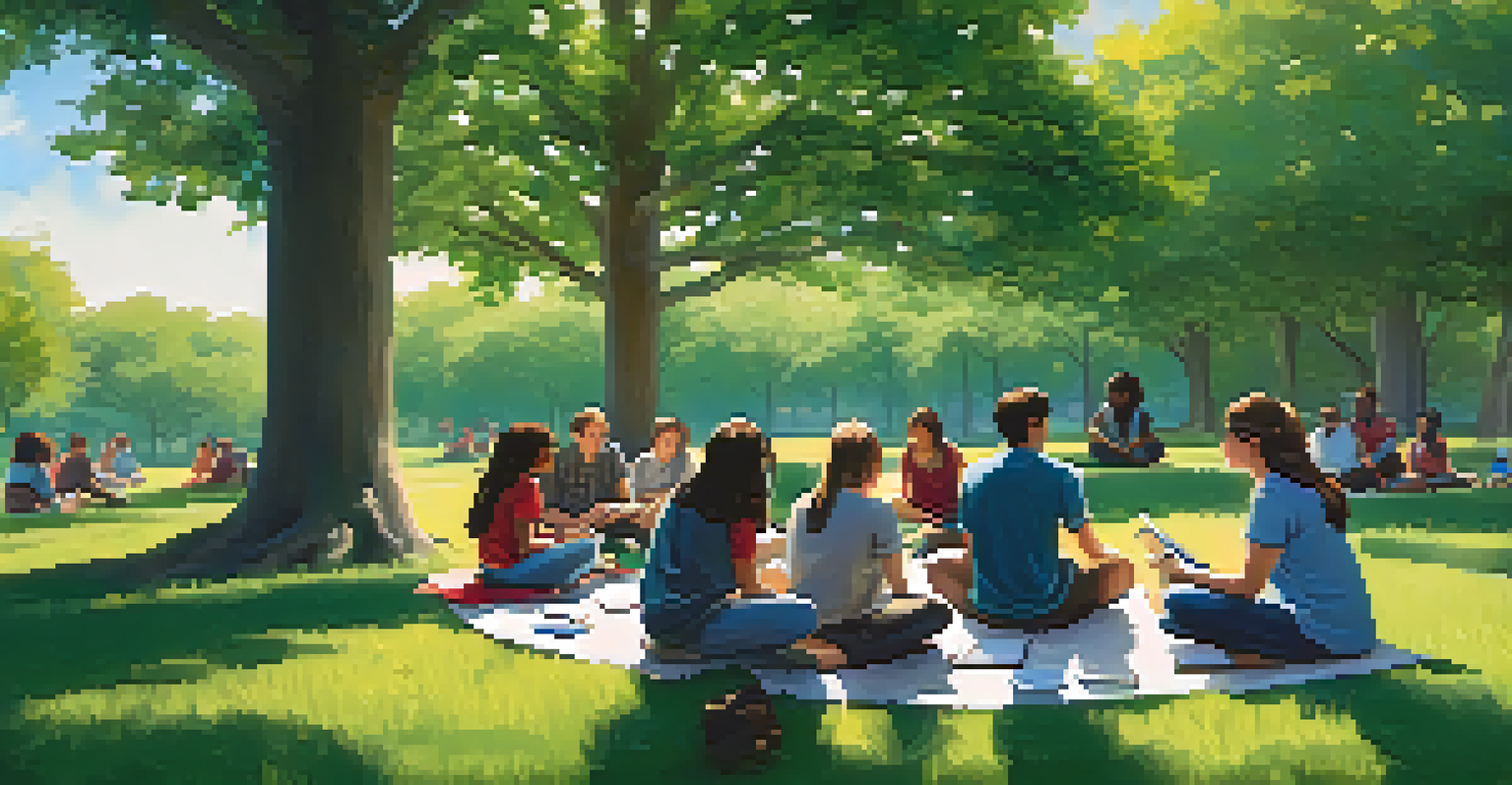Diverse students sitting in a circle on the grass, engaged in discussion in a serene outdoor setting.