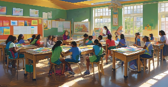 A lively classroom with diverse students working together on a group project, surrounded by colorful art supplies and a supportive teacher.