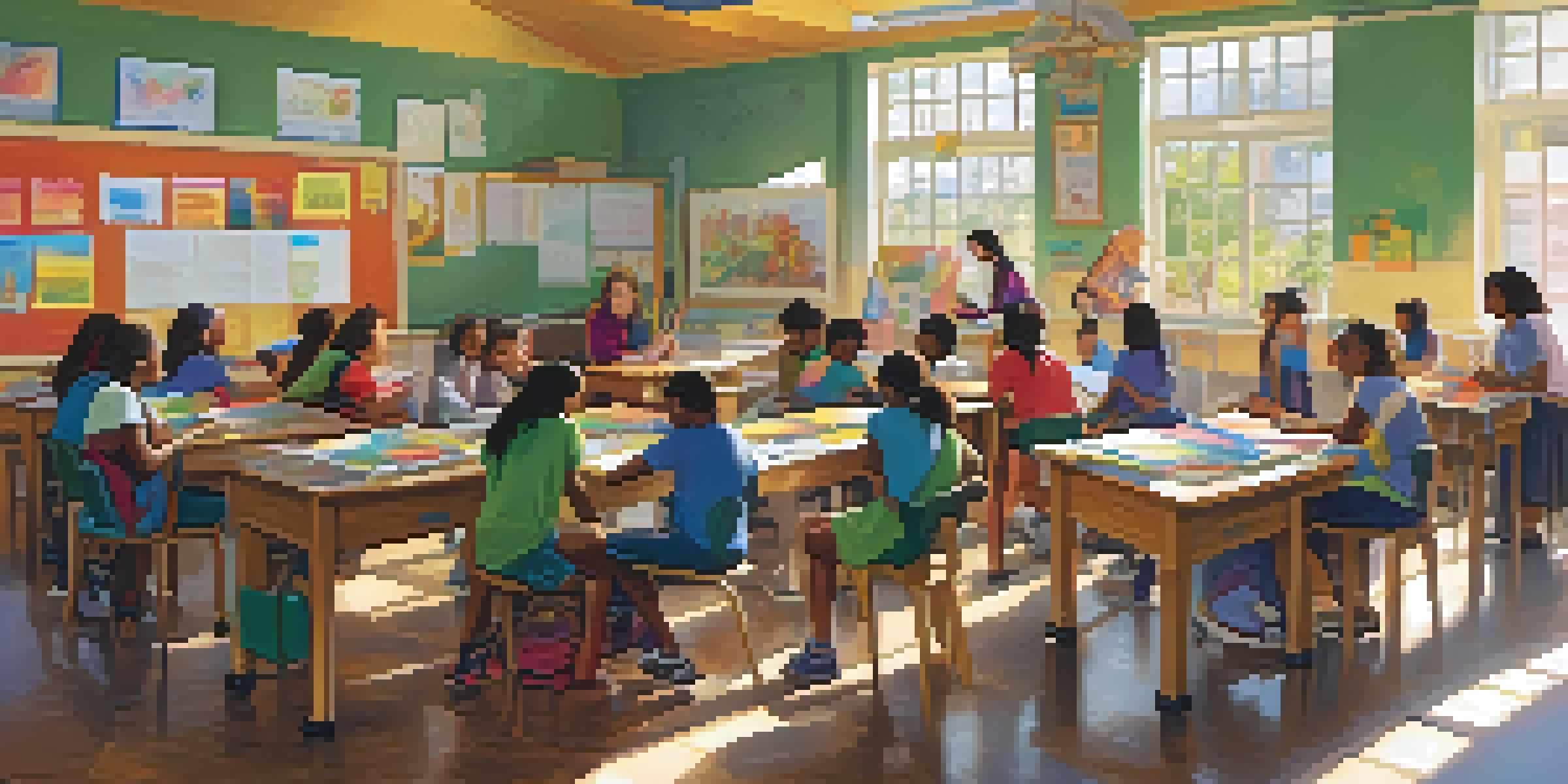 A lively classroom with diverse students working together on a group project, surrounded by colorful art supplies and a supportive teacher.