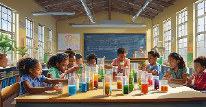 A colorful classroom with children of different ethnicities conducting a science experiment, showing curiosity and excitement.