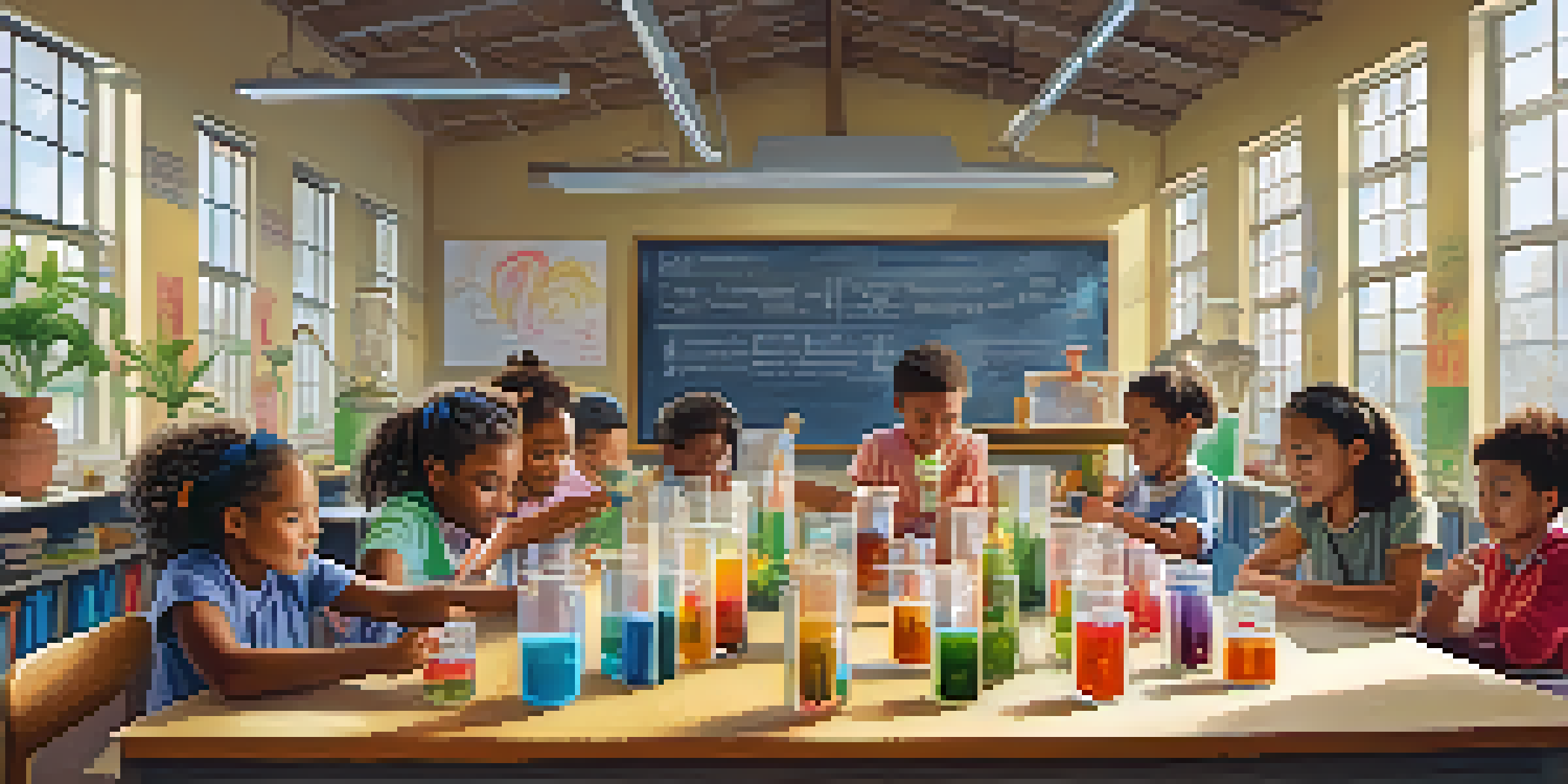 A colorful classroom with children of different ethnicities conducting a science experiment, showing curiosity and excitement.