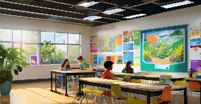 A vibrant classroom where students engage in different learning activities, including video presentations and group projects.