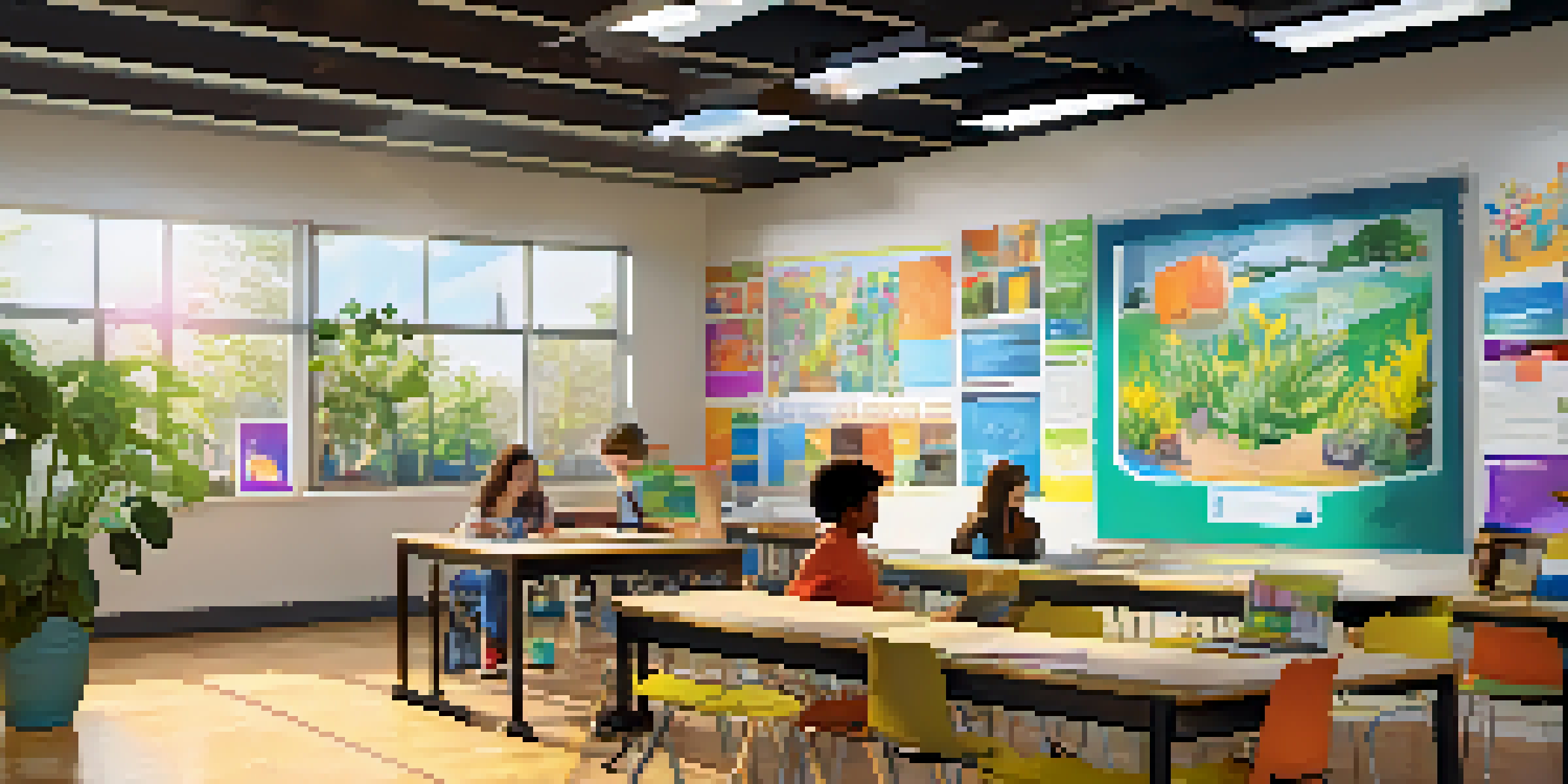 A vibrant classroom where students engage in different learning activities, including video presentations and group projects.