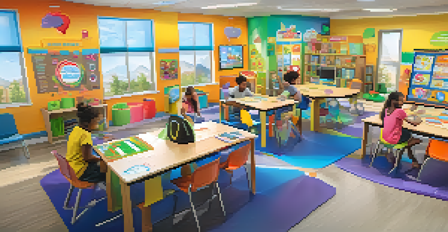 A lively educational setting where students participate in a gamified learning activity, surrounded by colorful decorations and screens showing game progress.