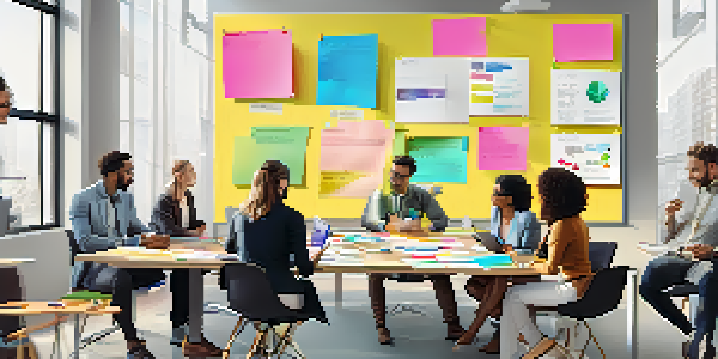 A diverse group of professionals in a modern office brainstorming together, surrounded by sticky notes and a whiteboard.
