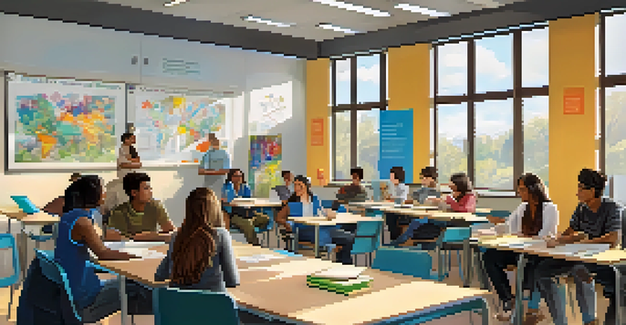 A diverse group of students in a bright classroom engaged in a discussion, surrounded by educational posters and a whiteboard.